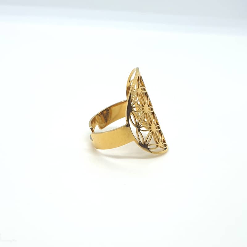 Bague Fleur de vie en acier inoxydable doré et ajustable